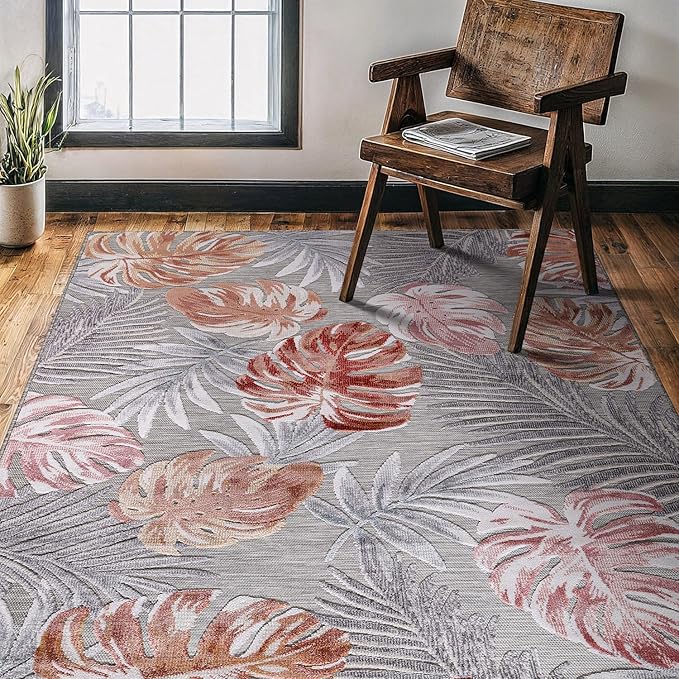 CAMILSON Indoor Outdoor Rug, Multi 4x6 Leaf Tropical Botanical Area Rugs for Indoor and Outdoor patios, Easy-Cleaning Non-Shedding Living Room, Garden and Kitchen Washable Outside Carpet (4 x 6)