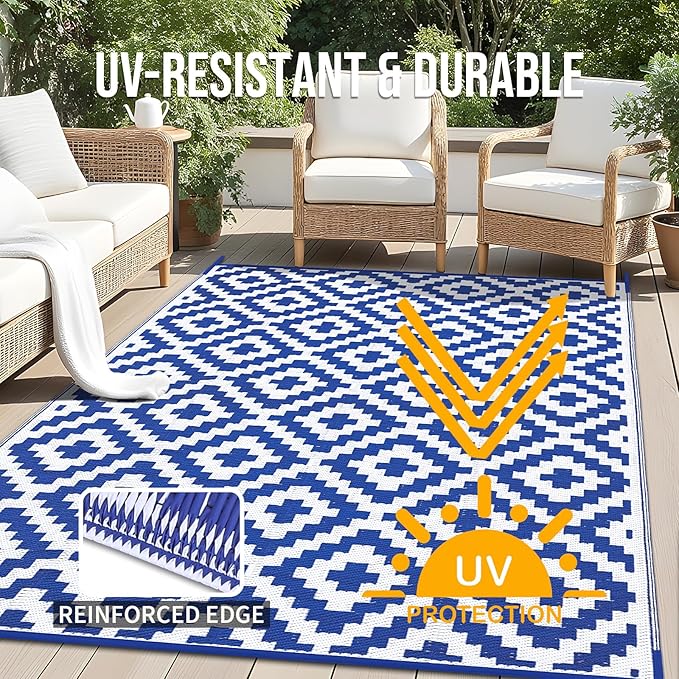 OLANLY Waterproof Outdoor Rug 6x9 ft, Outdoor Plastic Straw Rug for Camping, RV Mat Outside, Outdoor Carpet for Porch, Deck, Backyard, Balcony, Picnic, Blue & White