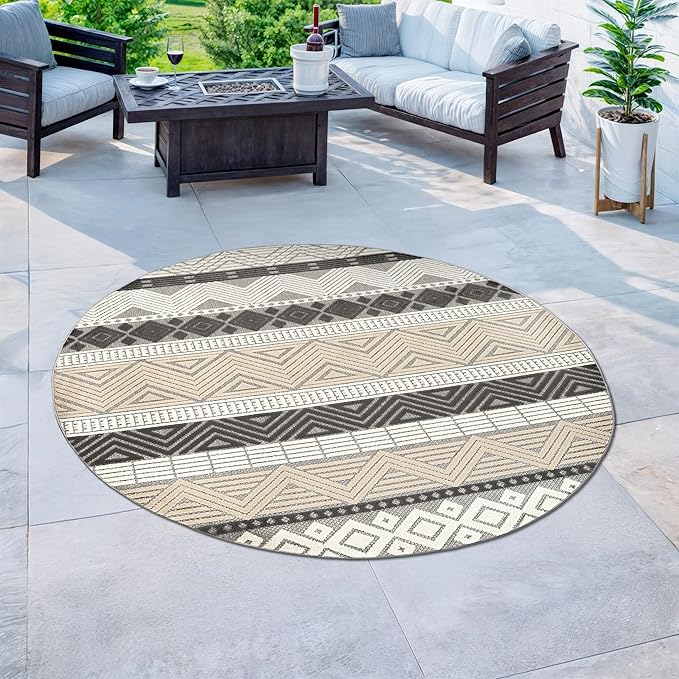 Rugshop Gray Marbella Boho Indoor/Outdoor Round Area Rug, Machine Washable for Patio, Deck and Seating Area 8' Round
