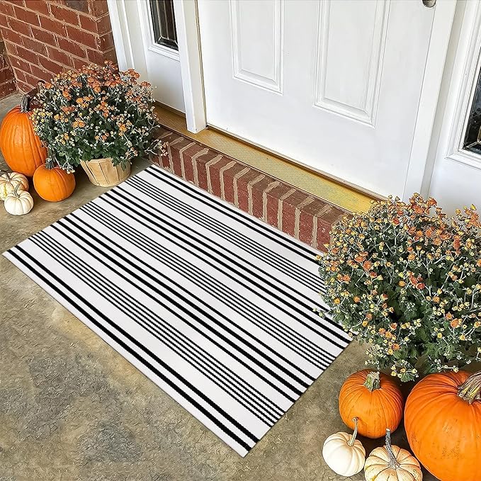 OJIA Front Door Rugs 27.5x43 Inches, Black and White Striped Outdoor Rugs Porch Rug Machine Washable Cotton Woven Entryway Rug Front Door Mats for Porch/Farmhouse/Kitchen/Home Outside Entrance Decor
