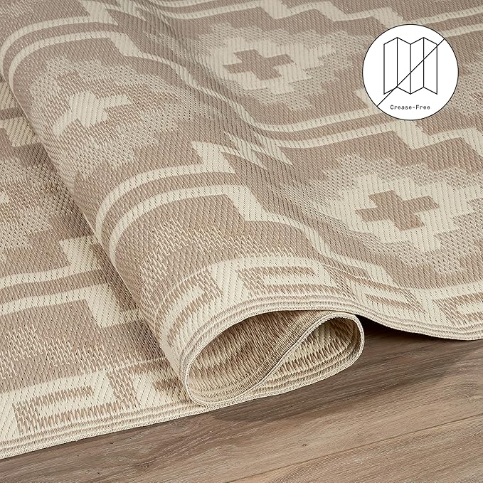 Fab Habitat Boho Vintage Tribal Outdoor Rug - Waterproof, Crease-Free Fade Resistant, Reversible - Recycled Plastic - Patio Porch Balcony Deck Yard Garden - Lhasa Mocha - 4x6 ft
