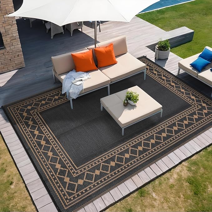 Garvee Outdoor Rug 8x10, Patio Rug Waterproof Plastic Straw Waterproof Reversible Patio Mat, Plastic Straw Rug for RV, Camping, Deck, Balcony, Easy Clean & Portable,Dark Brown