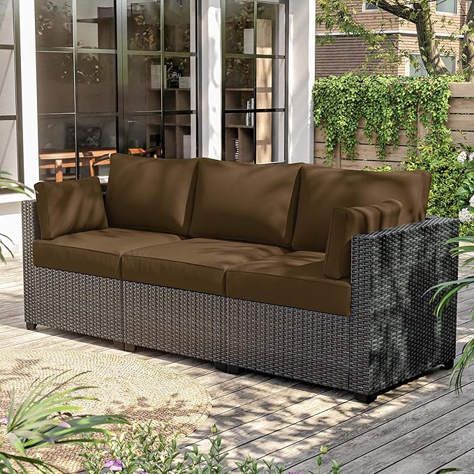 8-Piece Outdoor Cushions for Patio Furniture Thick Outdoor Chair Cushions Resilient Foam Waterproof Deep Seat Cushion Replacement for 3-Seat Sectional Sets Liner&Cover Chocolate
