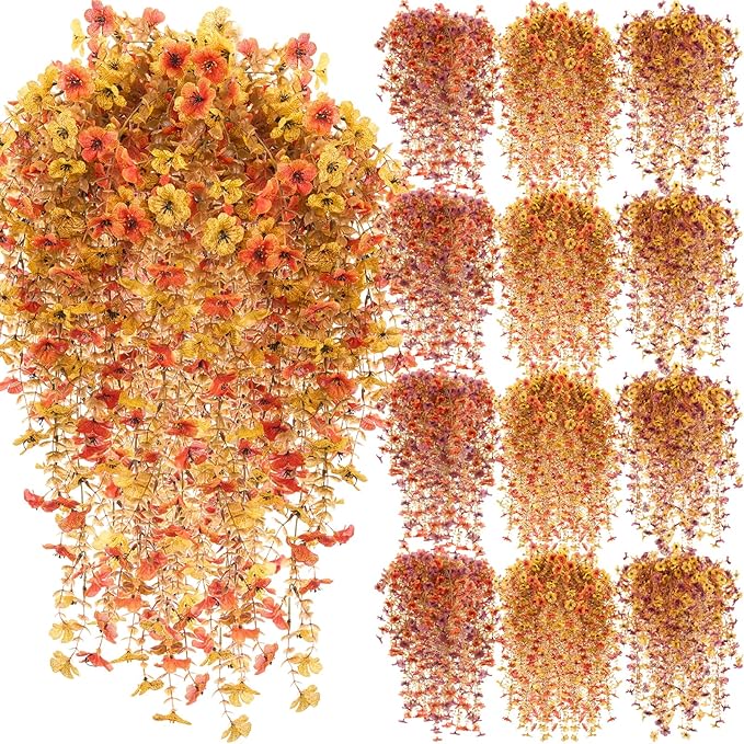 Hoteam 24 Pack Artificial Fall Hanging Flowers Plants for Outdoors Autumn 30 Inch UV Resistant Fake Plastic Faux Plants Bulk for Planter Porch Patio Yard Garden Wedding Wall Indoor