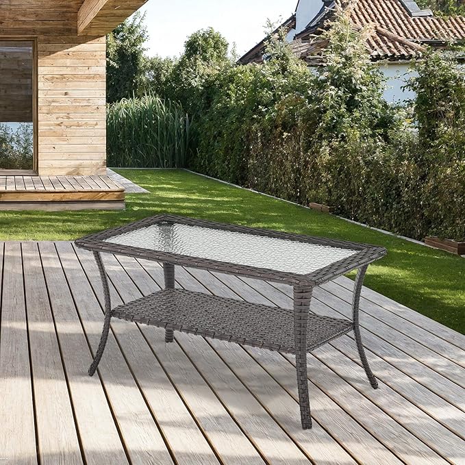 Patio Coffee Table Wicker Table Outdoor PE Rattan Glass Top Table with Storage Shelf Rectangle Patio Outdoor Coffee Table for Patio Garden Balcony Porch Deck Poolside, Brown