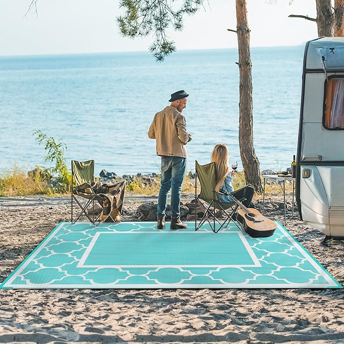 GENIMO 8 ' x 10 ' Outdoor Rug for Patio Clearance, Waterproof Indoor Outdoor Plastic Straw Rugs Carpet, Reversible Outside Area Mat for Camping, Balcony Porch, Deck, Picnic, Beach Aqua Blue & White