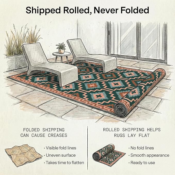 Fab Habitat Outdoor Rug - Waterproof, Fade Resistant, Crease-Free, Reversible - Premium Recycled Plastic - Vintage Boho Kilim - Patio, Porch, Deck, Balcony - Lhasa - Green - 5 x 8 ft