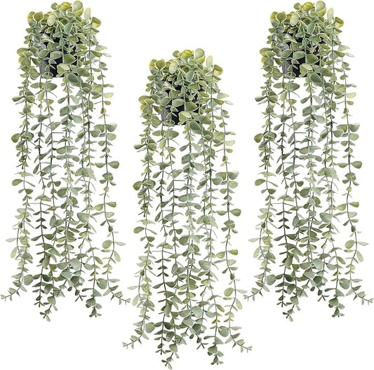 Der Rose 3Pcs Fake Plants Hanging Artificial Decor Faux Potted Eucalyptus Plants for Boho Bathroom Home Office Desk Wall Shelf Bookcase Accessories Decor Indoor