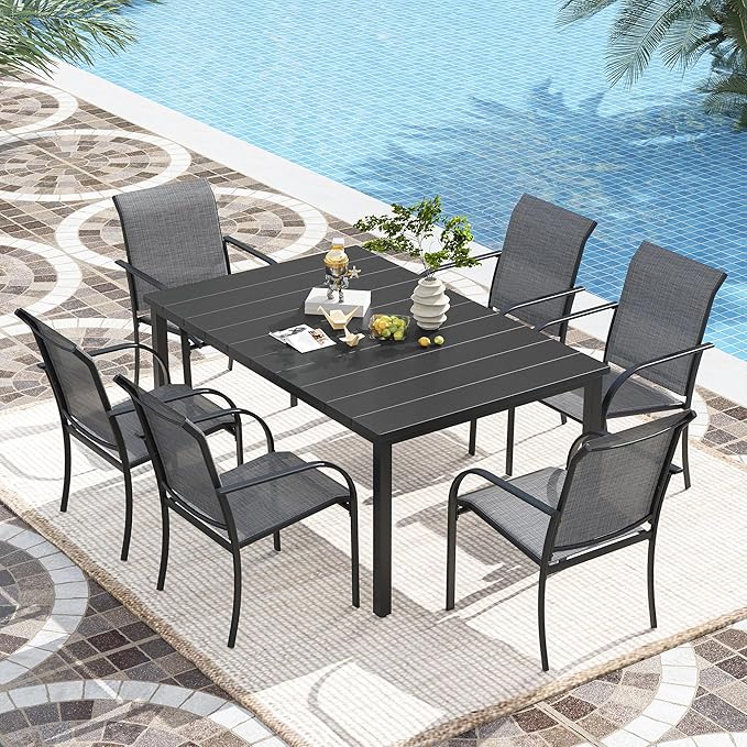 VICLLAX Patio Stackable Dining Chairs Set for 6, Outdoor Sling Chairs with Metal Frame for Front Porch Balcony Backyard Garden and Deck, Black Grey