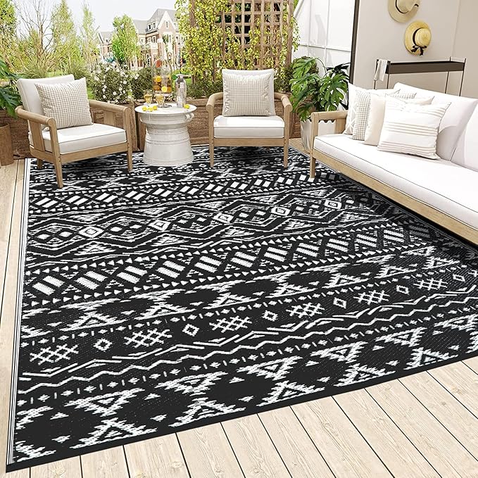 Pendolr Outdoor Rug 9’x12' for Patios Clearance Waterproof Carpet Large RV Mat Outdoor Plastic Straw Rug for Camping Reversible Outside Rug for Patio Balcony Deck Backyard Picnic Beach Black&White 02#