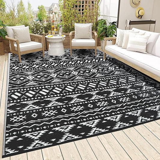 Pendolr Outdoor Rug 9’x12' for Patios Clearance Waterproof Carpet Large RV Mat Outdoor Plastic Straw Rug for Camping Reversible Outside Rug for Patio Balcony Deck Backyard Picnic Beach Black&White 02#