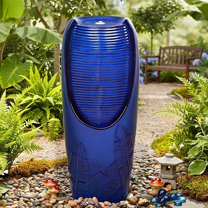 33" Cearmic Outdoor Fountain, Large Tall Jar Water Feature with Lights, Soothing Trickling Waterfalls for Garden Patio Yard Balcony or Porch, Cobalt Blue Glaze, 3D Tropical Leaf Patterns