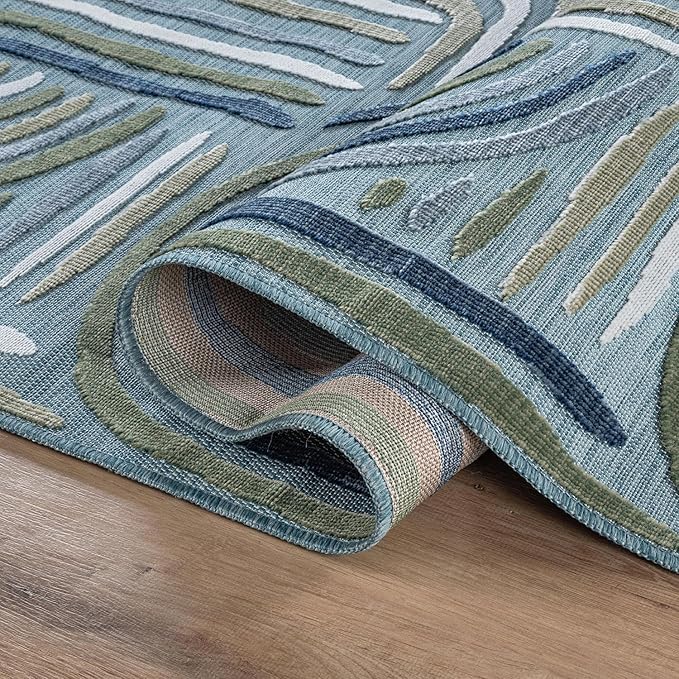 CAMILSON Indoor Outdoor Rug, Aqua 9x12 Geometric Arch Striped Large Area Rugs for Patio and Home Areas, Easy-Cleaning Non-Shedding Living Room, Garden and Deck Washable Outside Carpet (9 x 12)