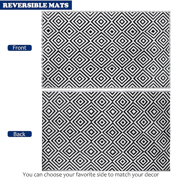 Reversible Mats, Outdoor Patio Rugs, Plastic Straw, Modern Area Rug, Floor Mat, RV, Patio, Backyard, Deck, Picnic, Beach, Trailer, Camping (Diamond Black & White, 5' x 8')
