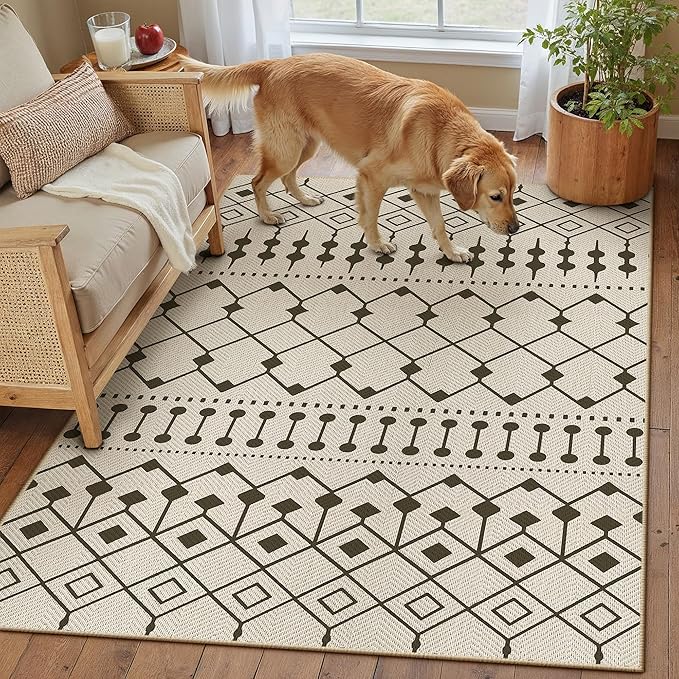 HUGEAR 5x7 Outdoor Rug Black/Beige Linen-Look Fabric Boho Area Rug High Traffic Stain Resistant Easy Clean Durable Rugs for Indoor/Outdoor Patio Deck Balcony Porch Garden Courtyard
