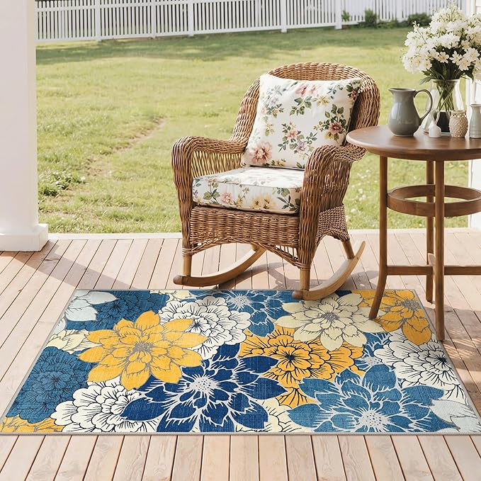 GENIMO Indoor Outdoor Area Rug for Entryway, 3'x5' Entry Rugs Door Mat, Machine Washable, Waterproof, Non-Slip, Easy Cleaning, Floral Outdoor Carpet for Patio Balcony Bedroom Kitchen Deck, Navy Blue