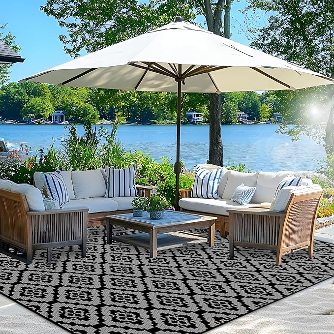 Wallona Outdoor Rugs 8x10 ft Patio Waterproof Clearance Indoor Outdoor Large Carpet for Patio Plastic Straw Reversible Area Rugs Mat for RV, Camping, Balcony, Beach, Picnic, Porch, Brick Black & Grey
