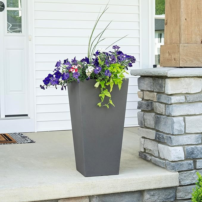 Step2 Tremont Tall Square Tapered Planter, Large Planters for Outdoor Plants, Gardening and Flower Pot for Patio or Porch, Efficient Drainage, Durable Plastic, Dark Cedar, 1-Pack