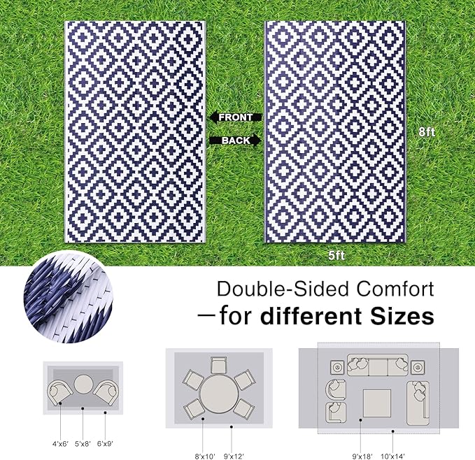 OLANLY Waterproof Outdoor Rug 5x8 ft, Outdoor Plastic Straw Rug for Camping, RV Mat Outside, Indoor Outdoor Carpet for Porch, Deck, Backyard, Balcony, Picnic, Navy & White