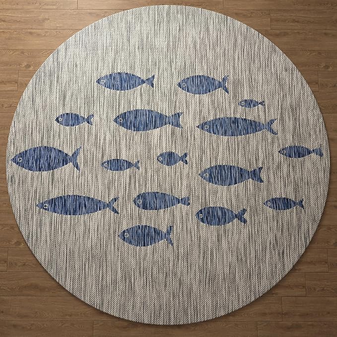 LR Home 8ft Round Indoor/Outdoor Area Rug for Home Decor | Coastal School of Fish Large Size Carpet for Living Room, Bedroom, Playroom, Patio, Garden | Nautical Farmhouse Rug | Gray/Navy