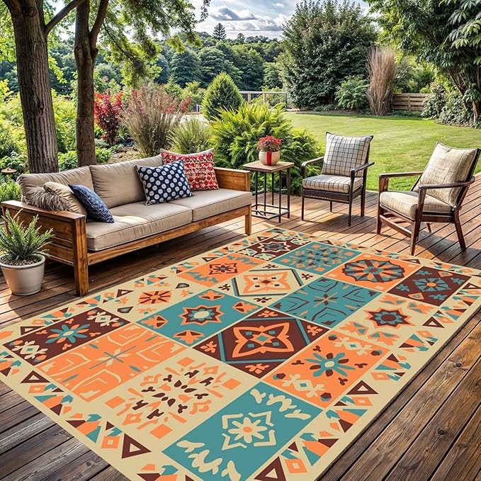 WILDROOTS 5x8 Feet Vintage Patchwork Plastic Outdoor Rug, Stain Resistant Waterproof Reversible Outdoor Patio Rug, Fade Resistant Camping Rug
