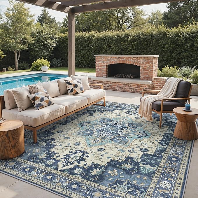 GENIMO Outdoor & Indoor Area Rug 9'x12', Waterproof, Non-Shedding, Easy Cleaning, Boho Mat for Patio, Living Room, Balcony, Dining Room, RV, Deck, Bedroom, Camping, Outside Carpet,Center Blue