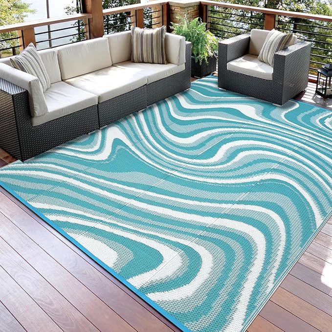 9x12 Outdoor Rug Waterproof Foldable Plastic Straw Carpet for Patio Porch Modern Abstarct Reversible Mat Lightweight Floor Mat for Picnic, Beach, Deck, Camper, Balcony，Lake Green/Light Blue