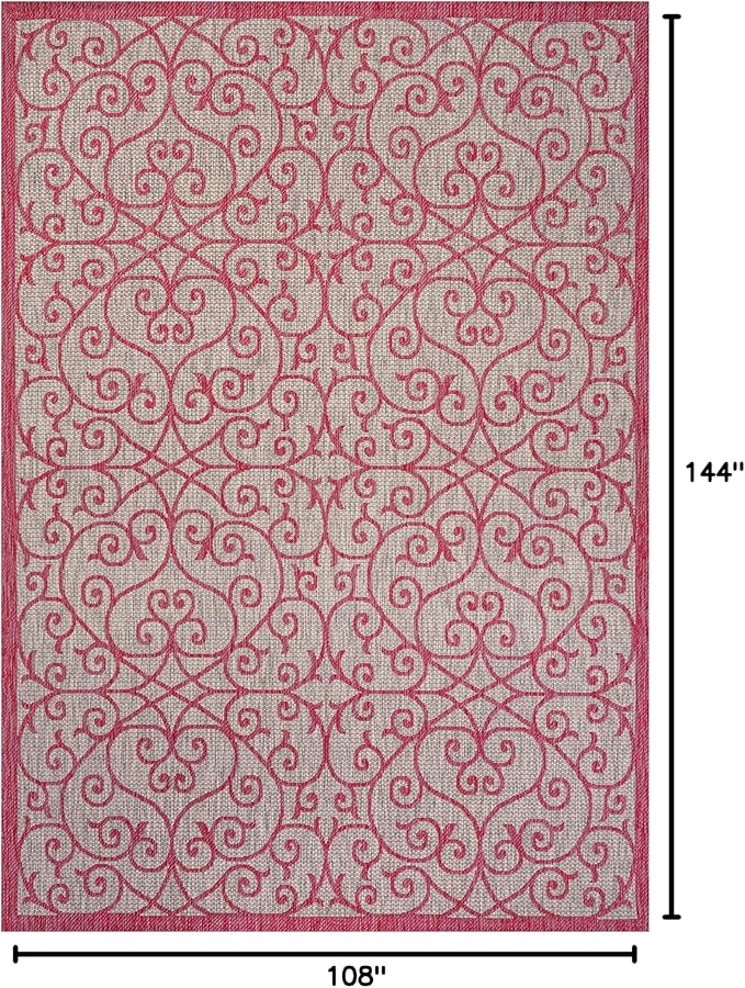 JONATHAN Y Vintage Filigree Indoor Outdoor Area Rug 9X12 Light Gray/Fuchsia, Madrid Textured Weave for Backyard, Patio, Porch, Easy-Cleaning, High Traffic, Pet-Friendly, Non-Shedding (SMB107I-9)