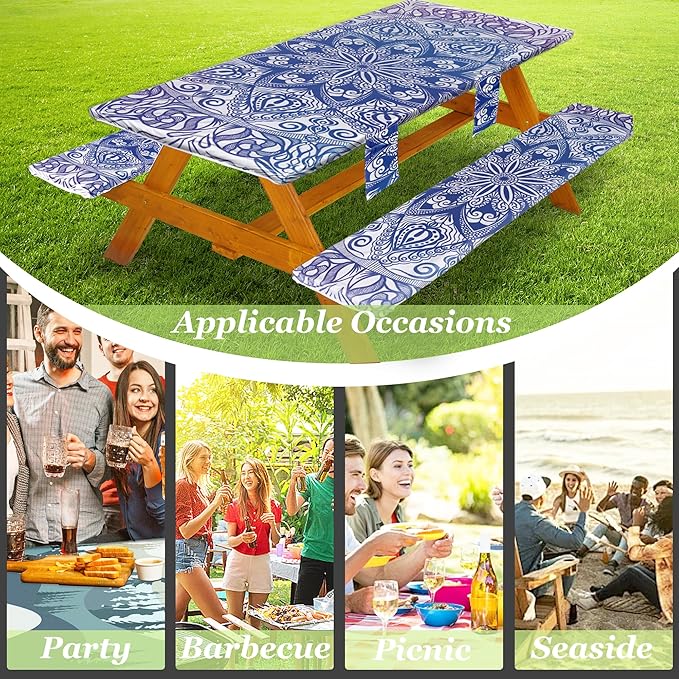 Picnic Table Cover with Bench Covers Vinyl Elastic Edges Fitted Rectangle Seat Tables Waterproof 3-Piece96X30in Set Outdoor Rectangular Folding Backing Tablecloth for Camping Over Size