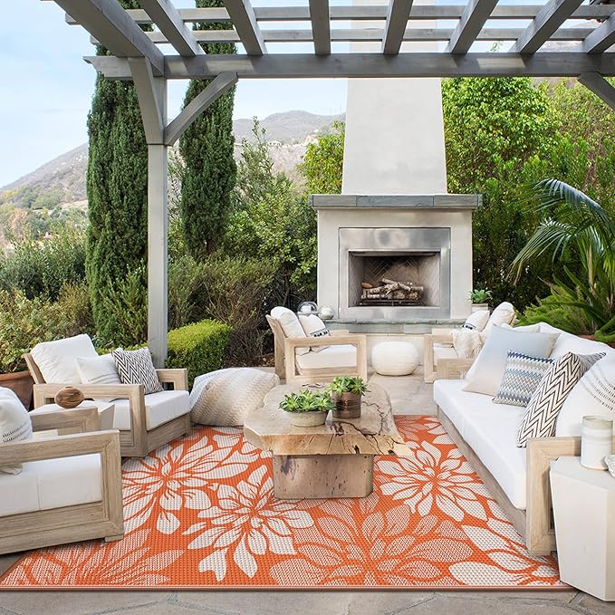 GENIMO Outdoor Rug Waterproof for Patio Decor, 6' x 9' Reversible Plastic Straw Floral Camping Carpet, Large Area Rugs Mats for RV, Camper, Deck, Balcony, Porch, Beach, Picnic, Orange & Beige