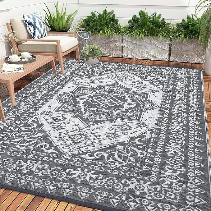 COZYLOOM 8x10 Outdoor Rug Waterproof Reversible Plastic Straw Mat, Large Vintage Medallion Patio Area Rug for Deck, Balcony, Pool, Camping, Beach, Picnic, Indoor/Outdoor Use