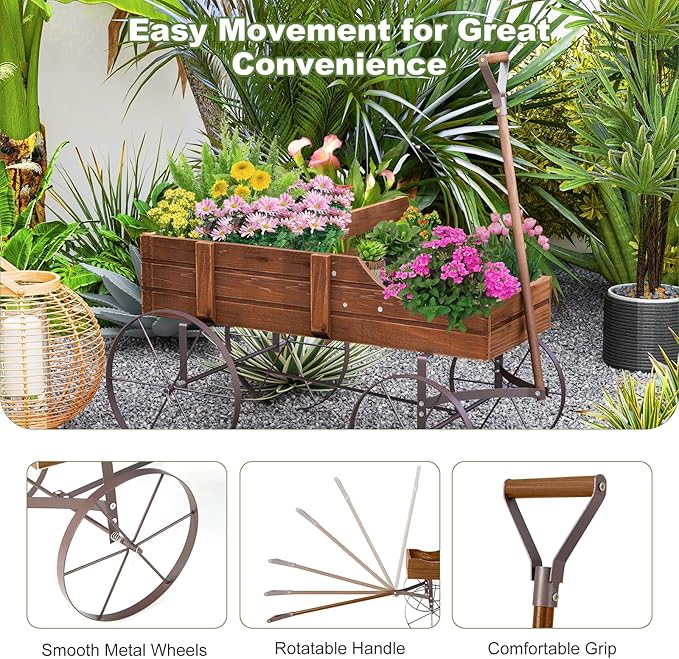 HAPPYGRILL Wooden Wagon Planter, 24.5” x 13.5” x 24” Decorative Garden Planter w/ 2 Planting Sections, Wheels, Handle, Small Decorated Cart, Flower Planter Box for Indoor Outdoor Patio (Brown)