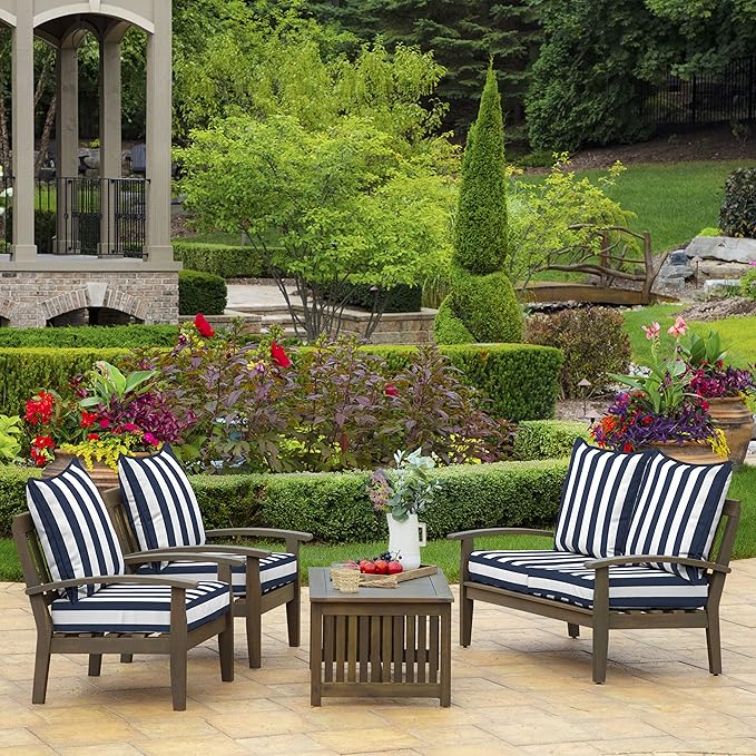 Arden Outdoor Deep Seat Cushion Set, 24 in x 24 in, Weather-Proof, Rain-Proof, Fade Resistant Patio Cushion for Chair, Sofa, and Couch Sapphire Blue Cabana Stripe