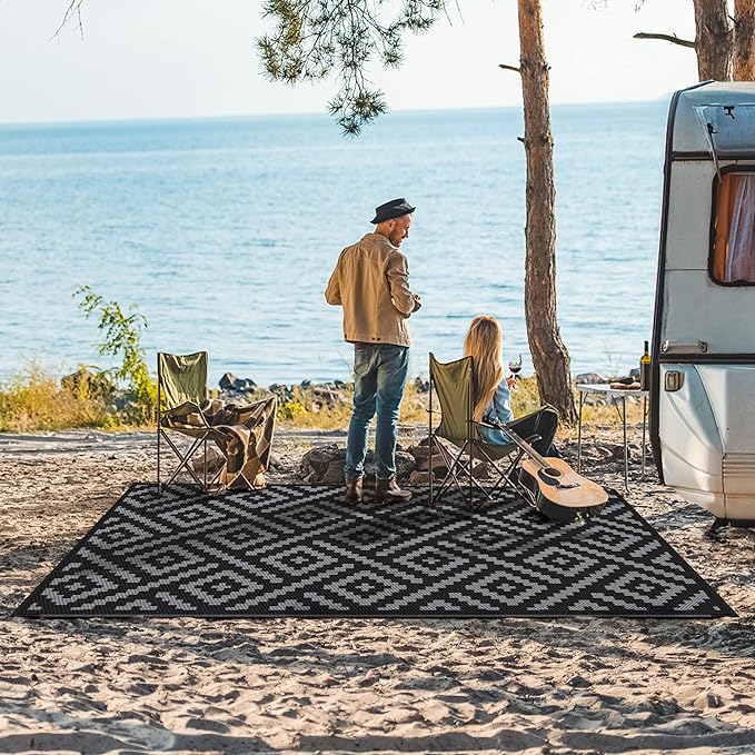 GENIMO Outdoor Rug 4x6 Waterproof, Reversible Mats, Outdoor Area Rug, Plastic Outside Carpet, Eeometric Rv Mat for Patio Camping Rv Picnic Backyard Deck Balcony Porch Beach (Black & Grey)