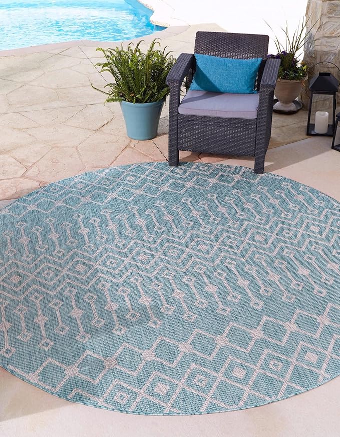Unique Loom Outdoor Trellis Collection Area Rug - Tribal Trellis (3' 3" Round, Aqua/ Ivory)