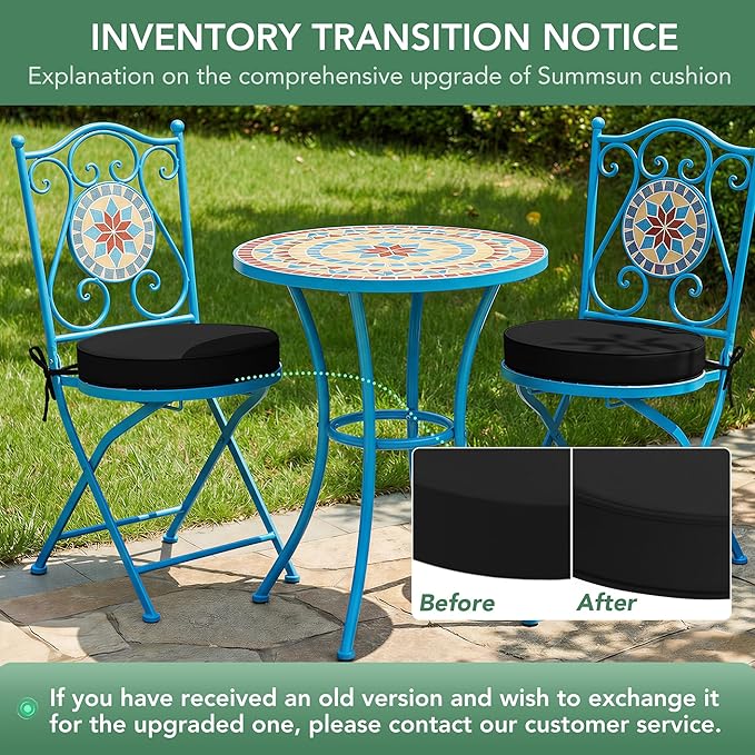 Outdoor Bistro Chair Cushions Set of 2, 15" D x 3" H Round Chair Cushions Waterproof and Fade Resistant Chair Cushion Pads with Non-Slip Ties and Removable Covers for Garden, Black