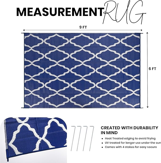 Utopia Home Waterproof Outdoor Rug for Patio 6 x 9 ft, Reversible Plastic Straw Mat for Camping, Picnics, Balcony, Patio, Diamond - Navy & White