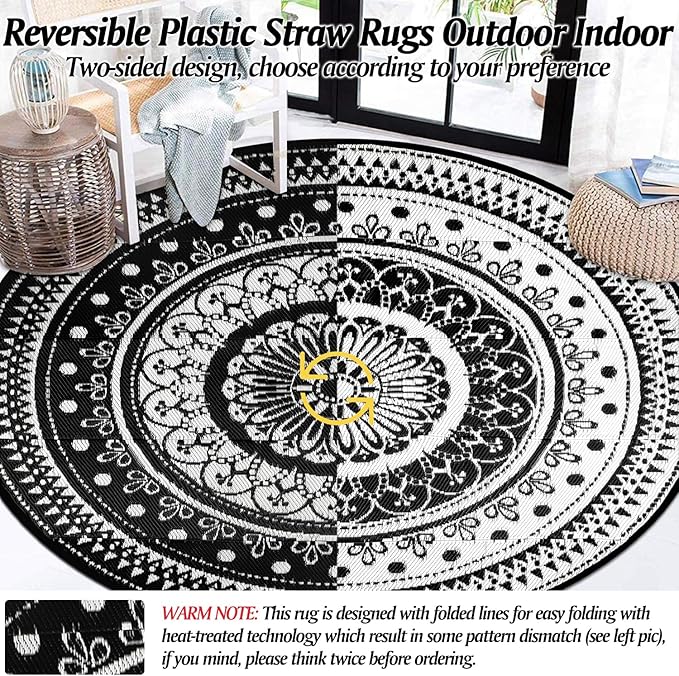 Cekene Round Outdoor Rugs for Patio 10Ft Waterproof Reversible Outdoor Patio Rugs Black Lightweight Plastic Straw Rugs Portable RV Camping Mat Floor Carpet for Deck Porch Picnic BBQ