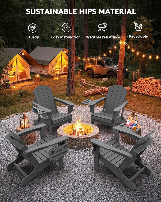 SERWALL Folding Adirondack Chair Set of 2, HIPS Adirondack Chairs with 4 in 1 Multi-Functional Cup Holder, Weather Resistant Plastic Chairs for Patio Garden Outdoors Fire Pit- Gray