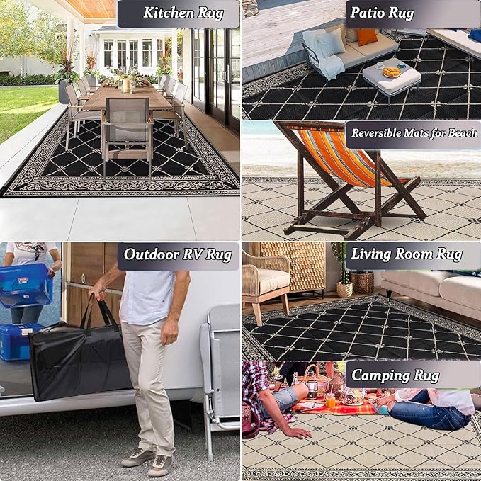HiiARug Outdoor Rug 8'x10' for Patios Waterproof Patio Rugs Outdoor Mats for Front Porch,Beach Mat,Reversible Plastic Straw Camping Rugs for Outside RV,Deck,Balcony,Backyard，Black&Beige