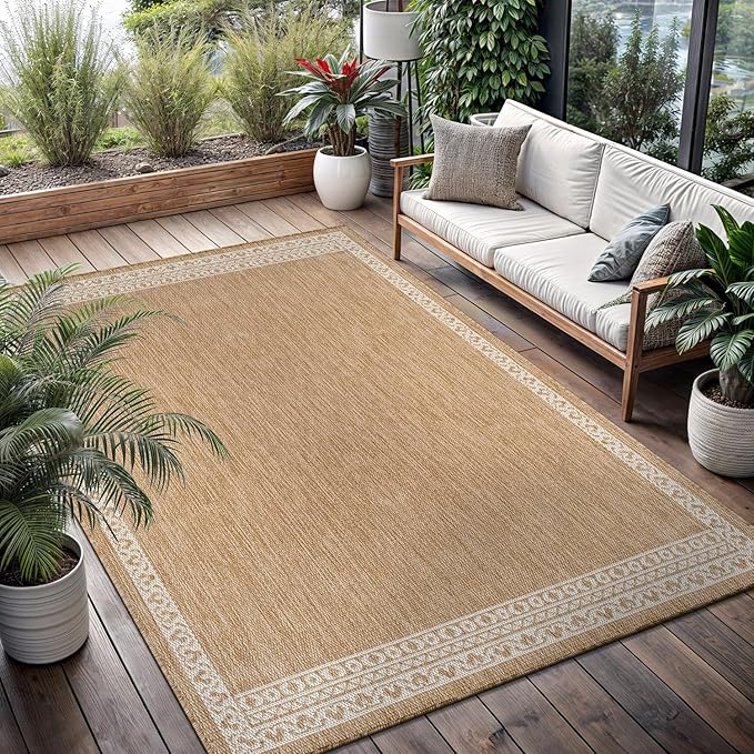 Washable Outdoor Rug 8x10 Modern Area Rugs Outdoor Carpets Bordered Pattern Non Shedding Waterproof Easy Clean Patio Deck Porch Living Room Bedroom Garden RV (8 X 10 Natural)
