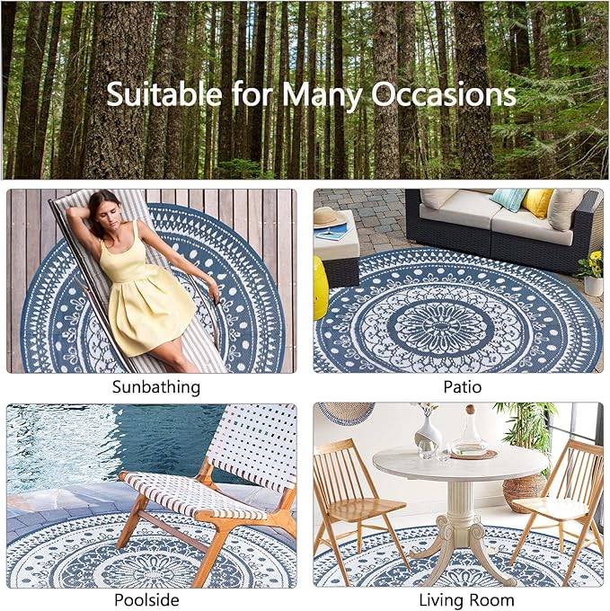 Cekene Round Outdoor Rugs for Patio 5Ft Waterproof Reversible Outdoor Patio Rugs Blue Lightweight Plastic Straw Rugs Portable RV Camping Mat Floor Carpet for Deck Porch Picnic