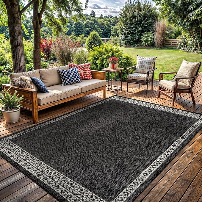 Washable Outdoor Rug 9x12 Modern Area Rugs Outdoor Carpets Bordered Pattern Non Shedding Waterproof Easy Clean Patio Deck Porch Living Room Bedroom Garden RV (9 X 12 Dark Gray)