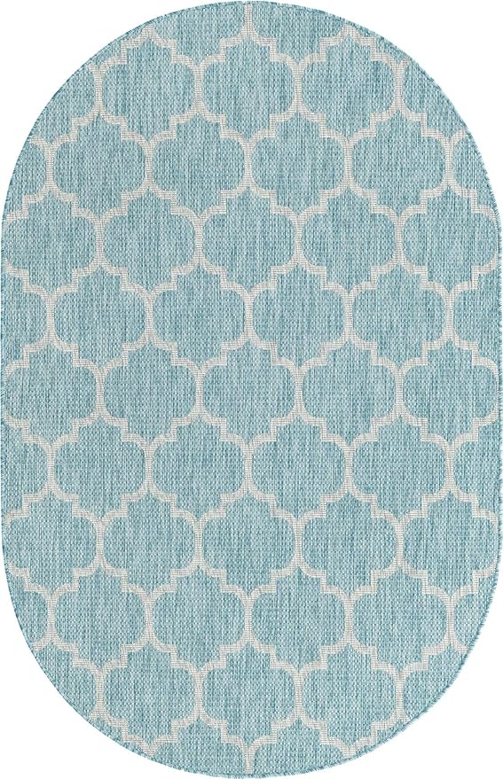 Unique Loom Outdoor Trellis Collection Area Rug (5' 1" x 8' Oval, Aquamarine/ Gray)