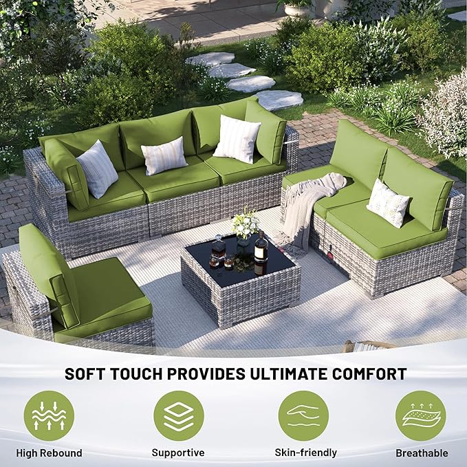14 Piece Outdoor Sectional Cushions, Water-Resistant Outdoor Sofa Cushions Replacement, 4" High Density Foam Patio Furniture Cushions Fits 6-seat Rattan Conversation Set (Olive Green)
