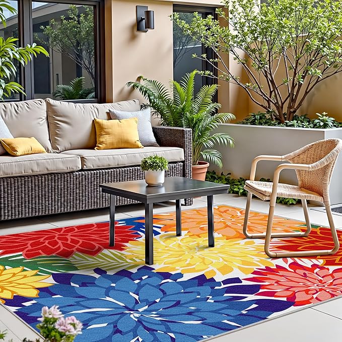 Colorful 4x6 Outdoor Area Rug Washable Rugs Multicolored Patio Rug Tropical Botanical Floral Chenille Outdoor Carpet Non Slip for RV, Pool Deck, Backyard, Porch, Rainbow