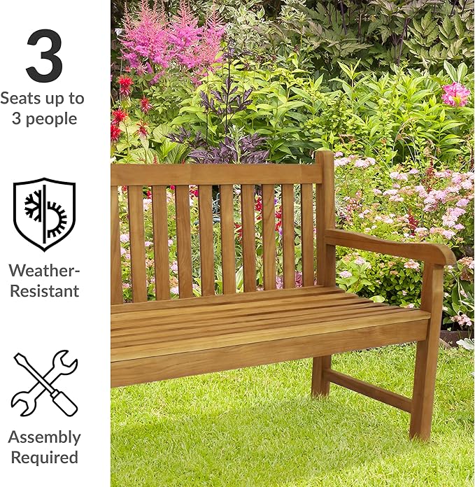 Sunnydaze 2-Person Outdoor Bench for Front Porch or Park - Wooden Teak Patio Garden Bench with Backrest - 675 lb Weight Capacity - Mission