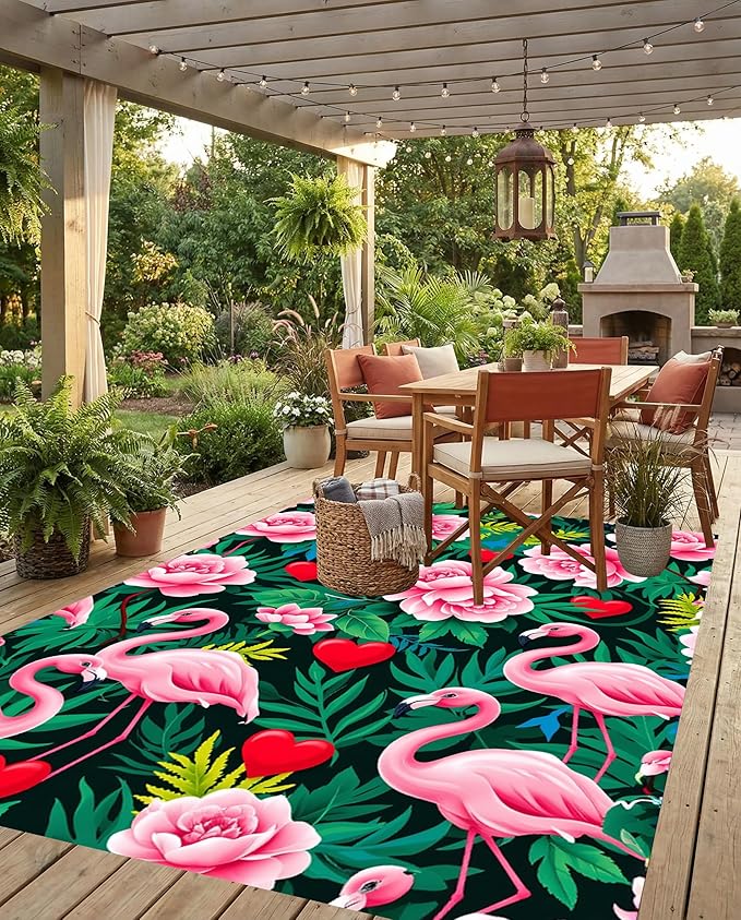 Tropical Flamingo Outdoor Rug 4x6 Emerald Green Pink Peony Flower Pattern Vibrant Floral Print Outside Rugs for Patio Balcony Deck Garden Modern Washable Waterproof RV Camping Backyard Mat