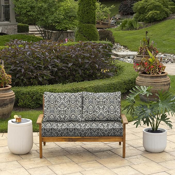 Arden Outdoor Loveseat Cushion Set, 48 x 24, Rain-Proof, Fade Resistant, Cushion Set for Couch, Bench, and Swing Black Aurora Damask