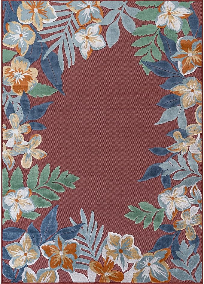 Outdoor Rug 9x12 Washable Area Rugs Indoor Outdoor Carpets Red Border Floral Non Shedding Waterproof Easy Clean Patio Deck Porch Living Room Bedroom Garden RV (9 X 12 Red)